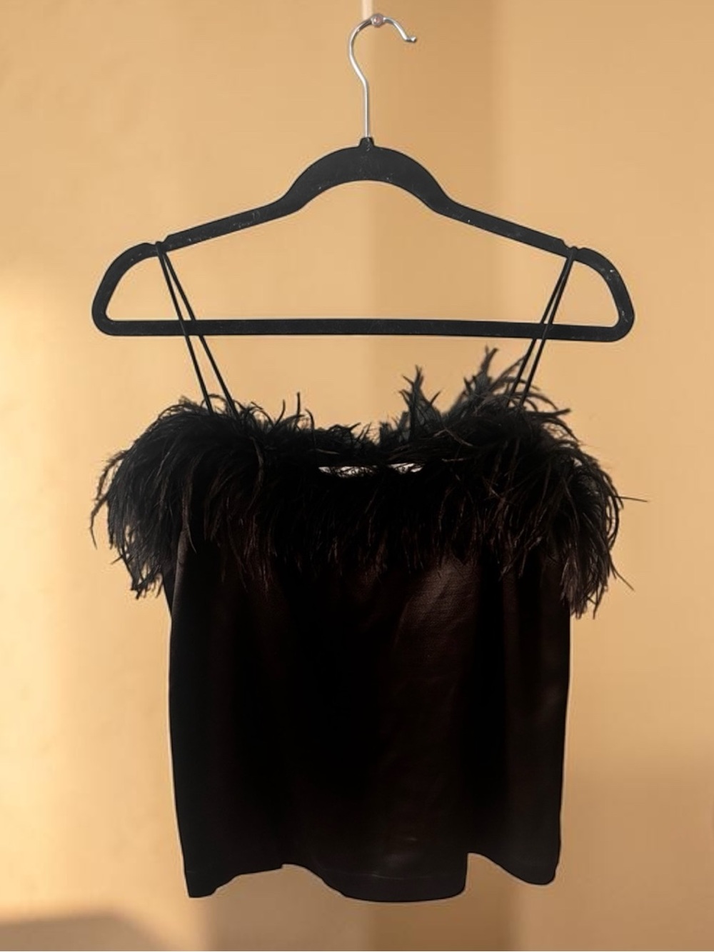 Veronica Beard Black Ostrich Feather Trim Silk-Blend Cami small